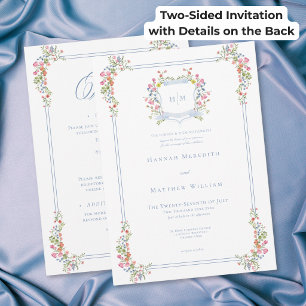 Invitation Blason de Fleur de Pâtes Bleu Élégant Mariage Rect
