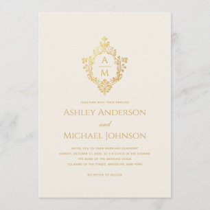 Invitation Blason de mariage Monogramme Ivoire Or Élégant Vin