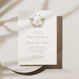 Invitation Blason de monogramme floral vert rose pour mariage