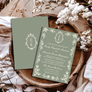 Invitation Blason de monogramme floral vert sauge pour mariag