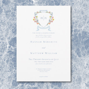 Invitation Blason Élégant de Fleur Sauvage au Bleu Pâle Pouss