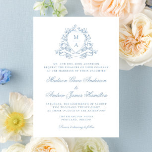 Invitation Blason Floral Bleu Élégant Monogramme de Mariage