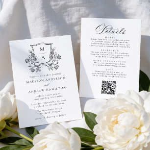 Invitation Blason Floral Élégant Monogramme Tout en Un Mariag