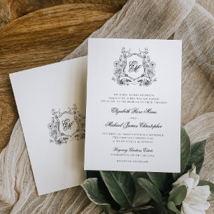 Invitation Blason Floral Formel Monogramme Élégant Mariage