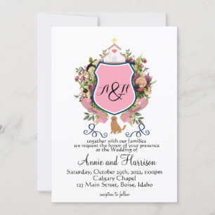 Invitation Blason Floral Rose Monogramme Retriever D'or
