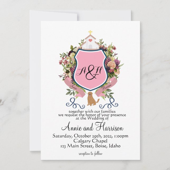Invitation Blason floral rose monogramme Retriever doré (Devant)