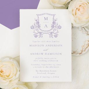 Invitation Blason Floral Violet Élégant Monogramme de Mariage