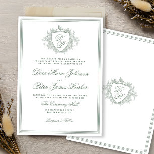 Invitation Blason vintage vert sauge mariage