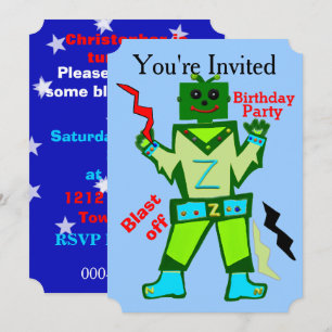 Invitation Blast Off Robot Boy et Stars Anniversaire