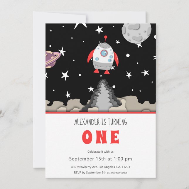 Invitation Blast Off Rocket Navire et espace Premier annivers (Devant)