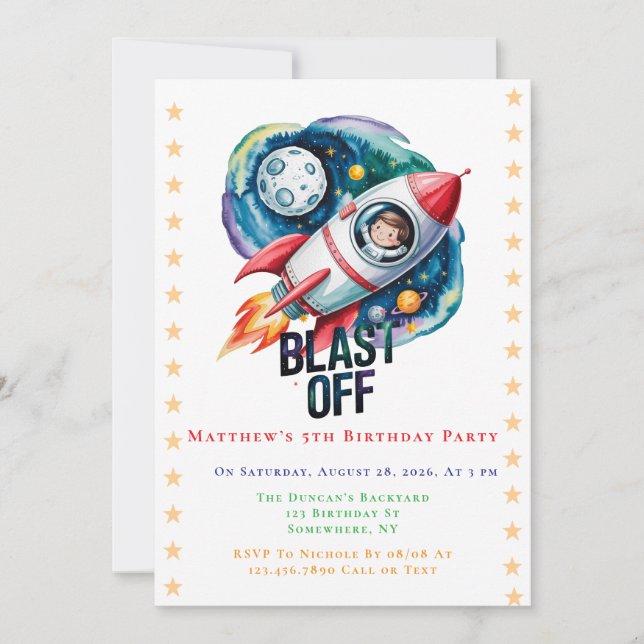 Invitation Blast Off Space Boy Astronaut fête d'anniversaire (Devant)