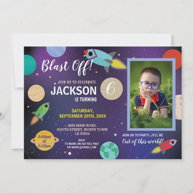 Invitation Blast Off Space Galaxy Fête d'anniversaire Rocket  (Devant)