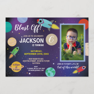 Invitation Blast Off Space Galaxy Fête d'anniversaire Rocket 