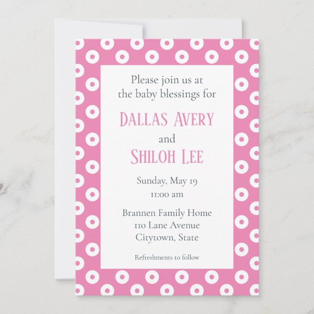 Invitation Blessure Bébé Joyeux Pink Polka-Dot Twin Whimsy (Devant)