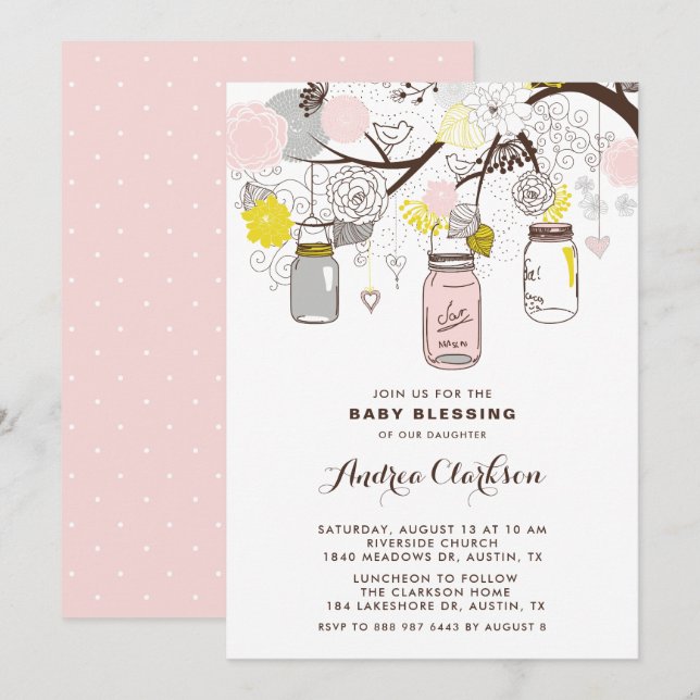 Invitation Blessure de mason rose pâle jarres Floral Baby (Devant / Derrière)