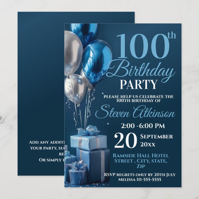 Invitation Bleu 100e anniversaire des dons de ballons (Devant / Derrière)