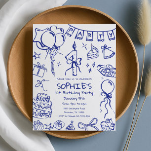 Invitation Bleu 1er Anniversaire Invitation, Main dessinée An