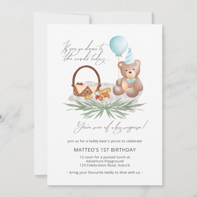 Invitation Bleu 1er Anniversaire Teddy Bear Pique-nique Ballo (Devant)