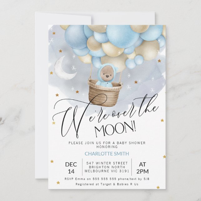 Invitation Bleu à air chaud Ours au-dessus du Baby shower de  (Devant)