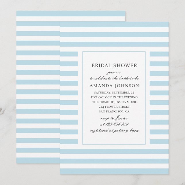 Invitation Bleu à rayures nautiques. Douche nuptiale rayée (Devant / Derrière)