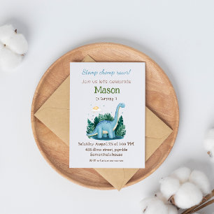 Invitation Bleu adorable Brachiosaurus Dinosaure anniversaire