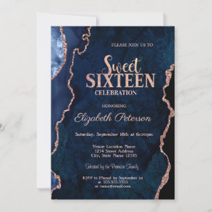 Invitation Bleu Agate Marbre Rose Gold Sweet 16