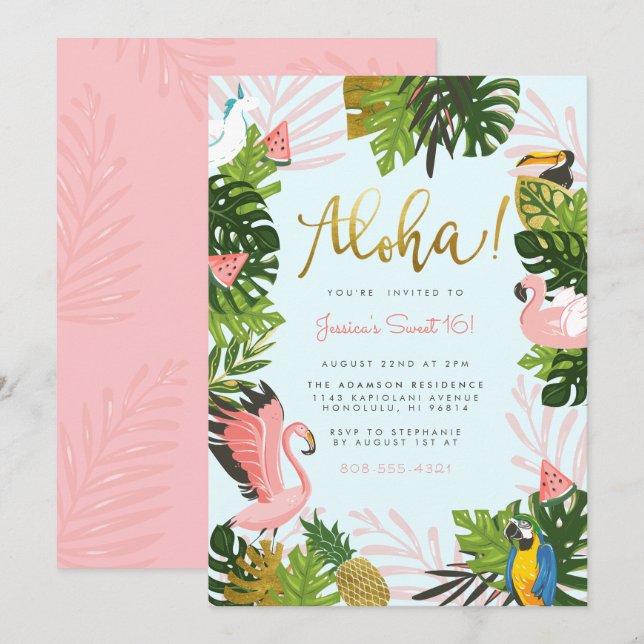Invitation Bleu | Aloha Hawaii Tropical Gold Birthday Party (Devant / Derrière)