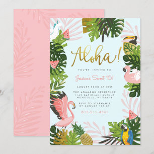 Invitation Bleu Aloha Hawaii Tropical Gold Birthday Party