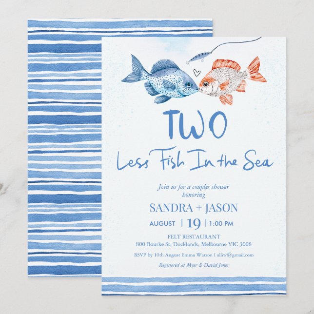 Invitation Bleu amusant Deux moins Poisson Mer Couples nuptia (Devant / Derrière)