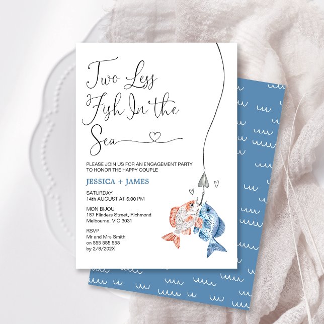 Invitation Bleu amusant Deux Poissons De Moins Dans Le Fiança (Fun Two Less Fish In The Sea Engagement Invitation, Blue Fishing Themed Engagement Invitation  )