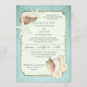 Invitation Bleu Aqua Or Roulis Plage Océan Coquillage Étoile 