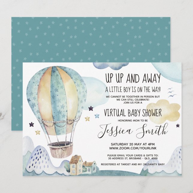 Invitation Bleu Aquarelle Air Balloon | Baby shower virtuel (Devant / Derrière)