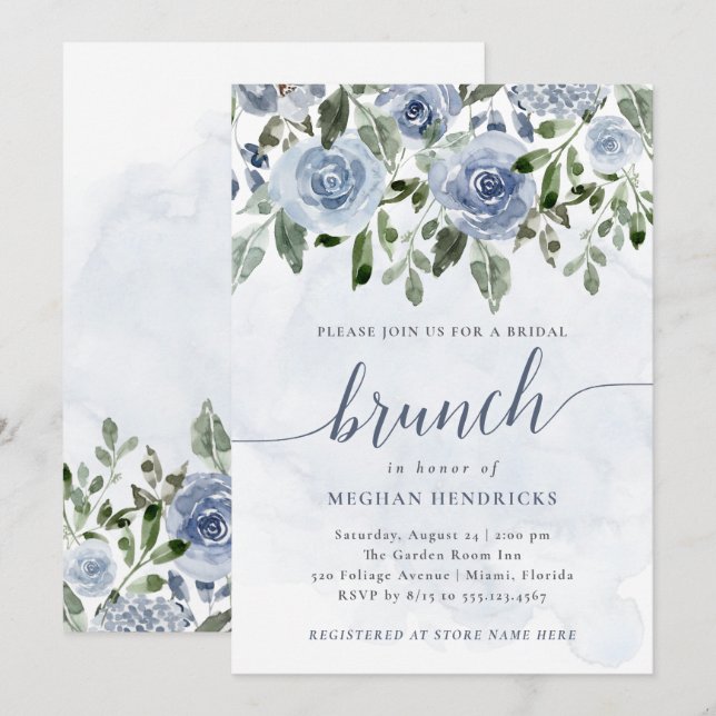 Invitation Bleu Aquarelle Bleu joli Fleurs d'Aquarelle Brunch (Devant / Derrière)