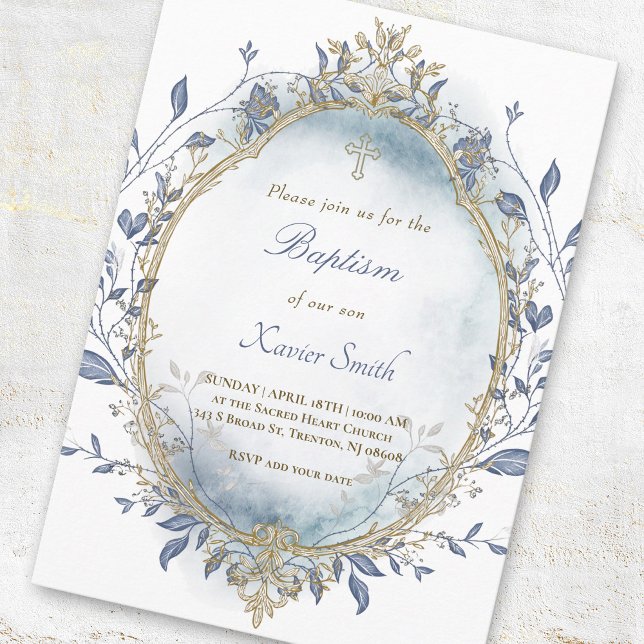 Invitation bleu aquarelle cadre beige Baptême bébé garçon (Créateur téléchargé)