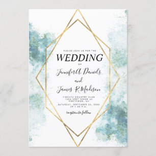 Invitation bleu aquarelle cadre géométrique or mariage