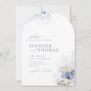 Invitation Bleu aquarelle corail & coquillages plage mariage