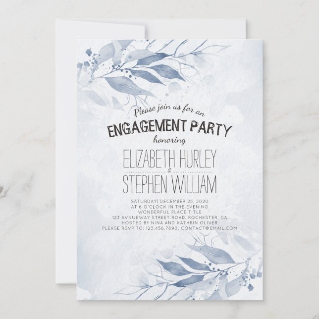 Invitation Bleu Aquarelle Feuille Fleurs d'engagement (Devant)