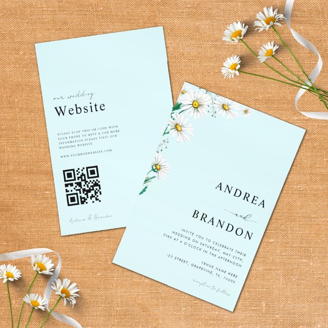 Invitation Bleu Aquarelle Fleur sauvage QR Code Mariage (Créateur téléchargé)