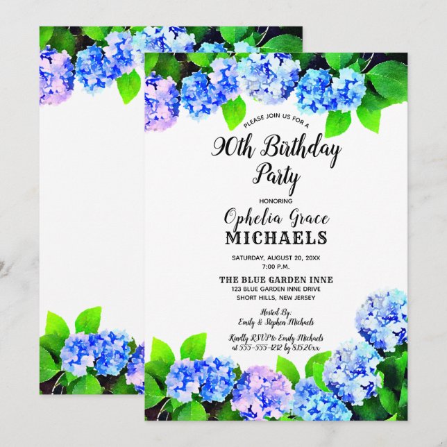 Invitation Bleu aquarelle Floral fête d'anniversaire (Devant / Derrière)