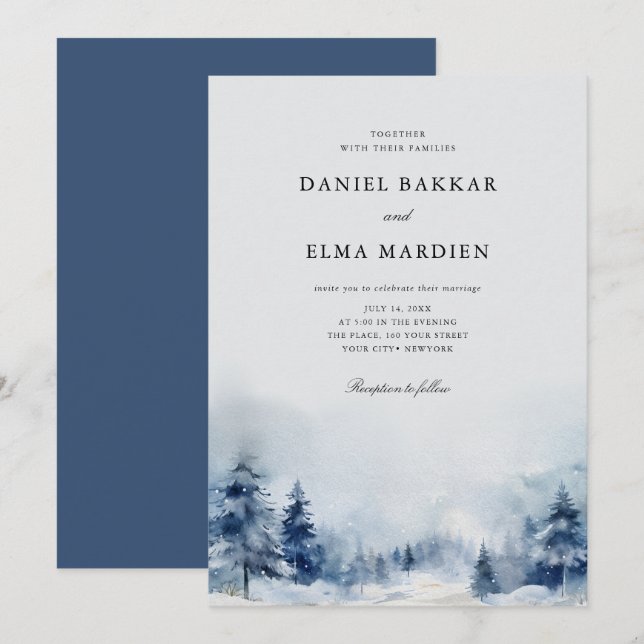 Invitation Bleu Aquarelle hiver pins forêt mariage (Devant / Derrière)