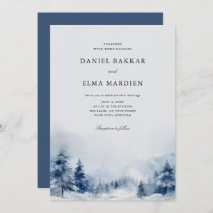 Invitation Bleu Aquarelle hiver pins forêt mariage