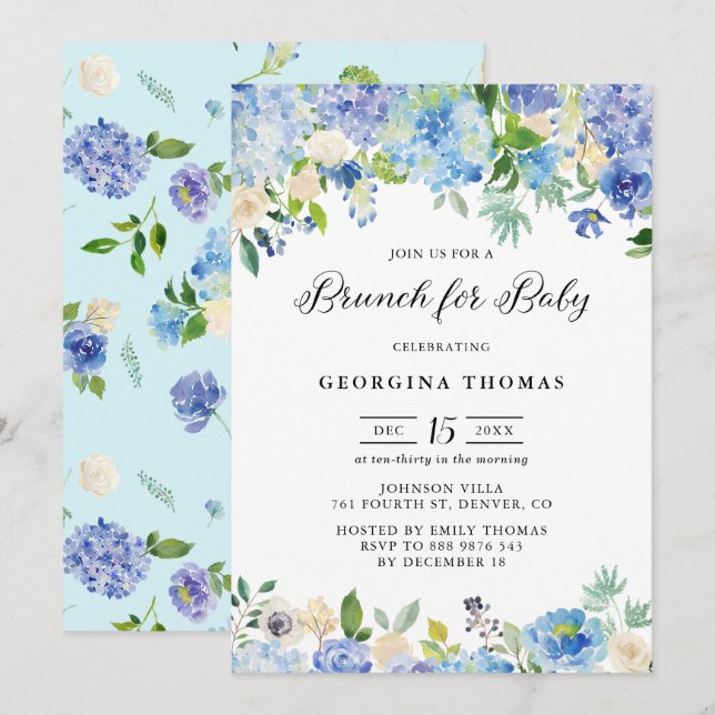Invitation Bleu aquarelle Hydrangeas & Brunch Rose pour bébé (Devant / Derrière)