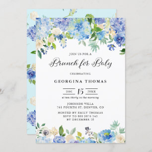 Invitation Bleu aquarelle Hydrangeas & Brunch Rose pour bébé