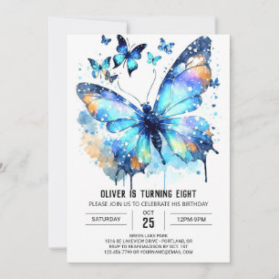 Invitation Bleu Aquarelle Papillon Garçon Anniversaire