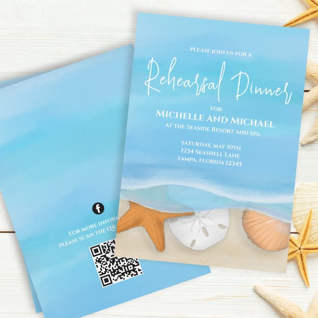 Invitation Bleu aquarelle Plage Dîner de répétition Code QR (Créateur téléchargé)