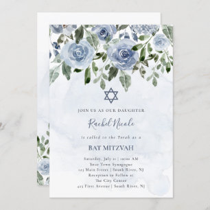 Invitation Bleu Aquarelle Plutôt Dusty Fleurs  Bat mitzvah