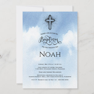 Invitation Bleu Aquarelle pour Baptême et Christen