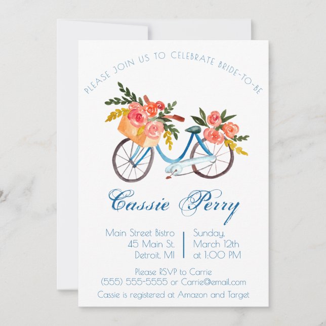 Invitation Bleu Aquarelle Vélo Fête des mariées Florale Invit (Devant)
