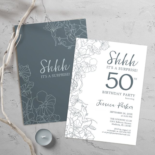 Invitation Bleu ardoise Blanc Botanique Surprise 50e annivers (Créateur téléchargé)