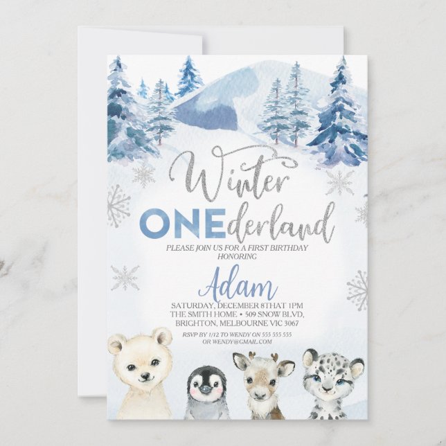 Invitation Bleu Argent Animaux d'hiver Onederland 1er anniver (Devant)